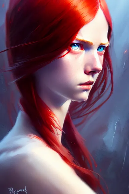 Image similar to a young tall, slender girl, with fiery red hair and bright blue eyes, hyperrealistic face, beautiful eyes, fantasy art, in the style of greg rutkowski, intricate, hyperdetalized, smooth