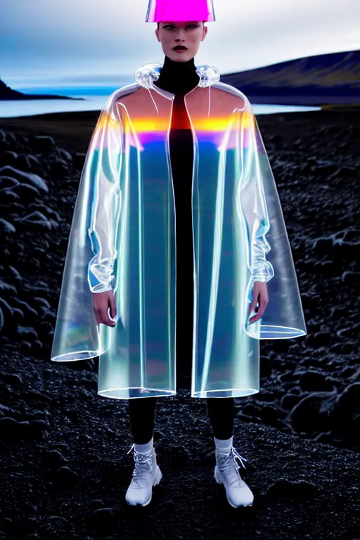 Image similar to an ultra high definition professional high fashion portrait studio full length photograph of a model wearing a transparent pearlescent raincoat and neon visor in an icelandic black rock environment at dawn. no artefacts. extremely detailed. stark. refraction. shallow depth of field. volumetric light and shadow. ray tracing. light rays.