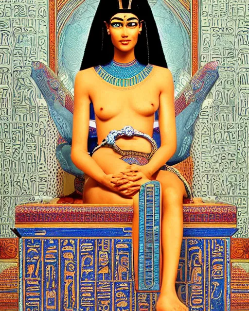 Prompt: portrait of a beautiful female ancient Egyptian goddess sitting on her throne, surrounded by blue lotus flowers. At her feet lies the god Anubis. fantasy, artstation, intricate, highly detailed, hyperrealism, beautiful symmetrical face, photorealistic, golden ratio, rendered in Octane, by James C. Christensen. by Carlos Shwabe