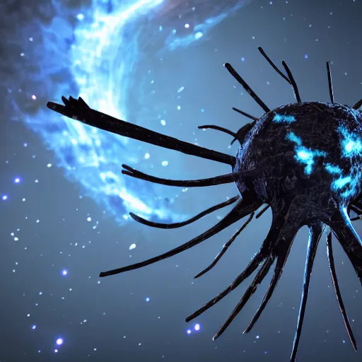 Prompt: neuron made of steel in space with hubble background, vray, 5 5 mm