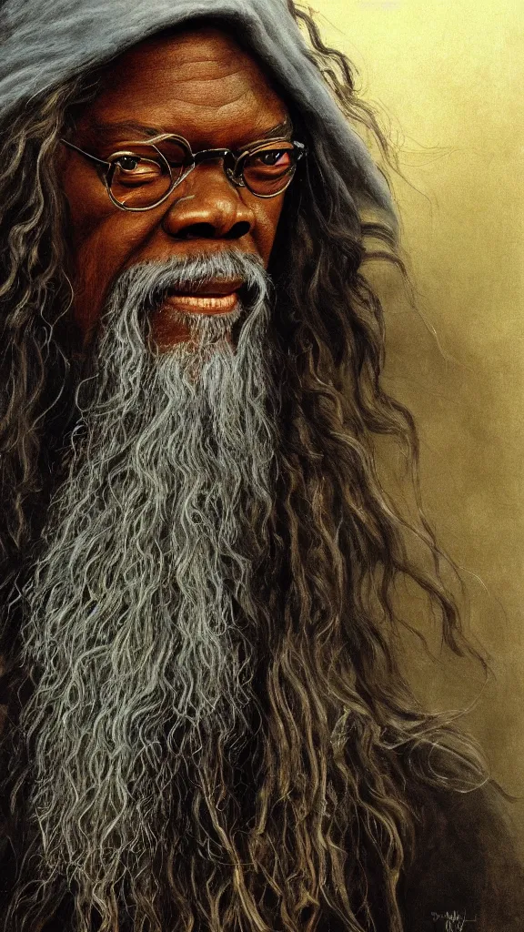 Image similar to portrait of samuel jackson as gandalf, by alan lee, lord of the rings calendar, smooth, detailed terrain, oil painting, matte painting, concept art, trending on artstation