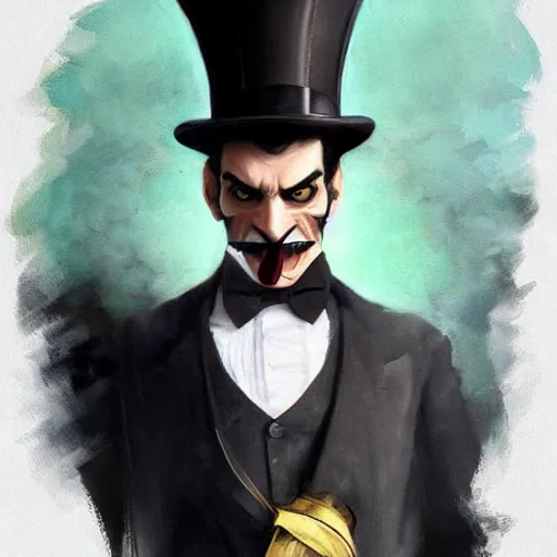 Image similar to dapper fancy luigi wearing a top hat, smirking deviously, painted by greg rutkowski, wlop, artgerm, dishonored 2