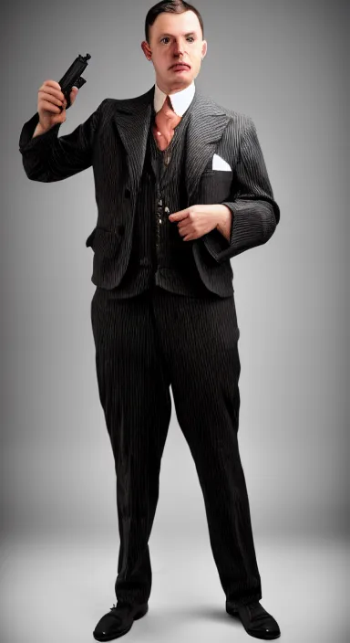 Image similar to Full body portrait of a man with a stern look dressed in a 1920s attire. He is pointing a gun and seems mentally unstable. 4K, dramatic lighting