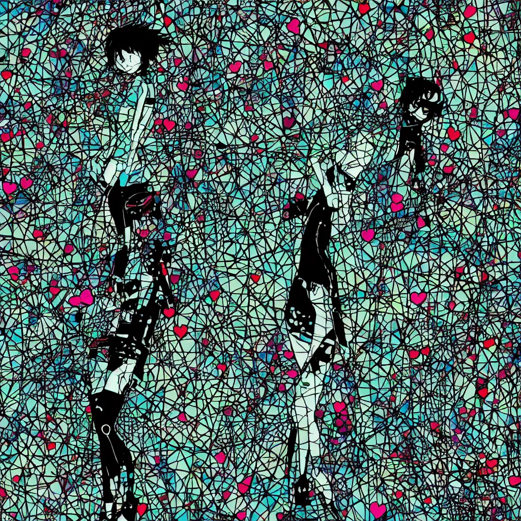 Image similar to girl figure, abstract, jet set radio artwork, ryuta ueda artwork, cryptic, rips, spots, asymmetry, stipple, lines, glitches, color tearing, pitch bending, stripes, dark, ominous, eerie, hearts, minimal, points, otomo katsuhiro artwork, technical, natsumi mukai artwrok, folds