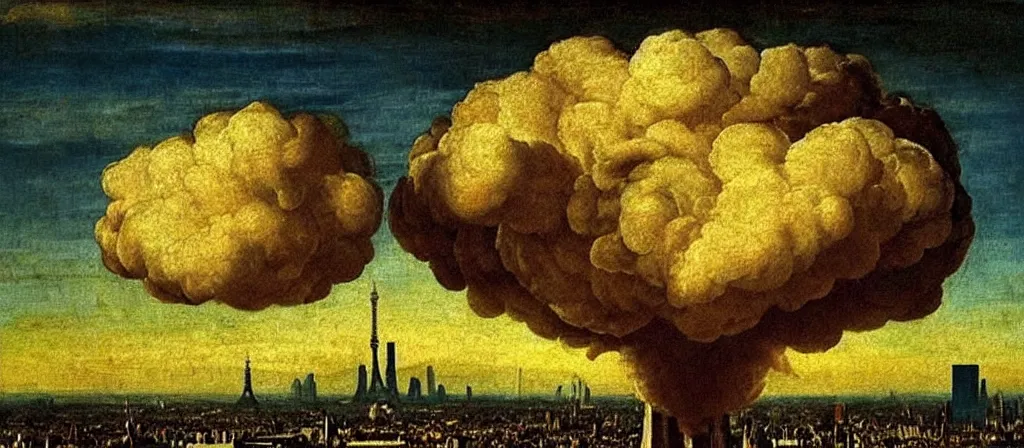 Image similar to nuclear mushroom cloud over the city of paris!!! renaissance painting!! majestic!! sad!