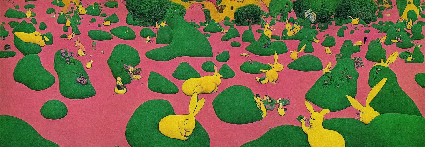 Prompt: a rock garden filled with pink rabbits, by m. c. escher, yellow, green, red, snowy, ultra sharp, ultra detailed, cyberpunk, happy, uplifting, colorized by salvador dali