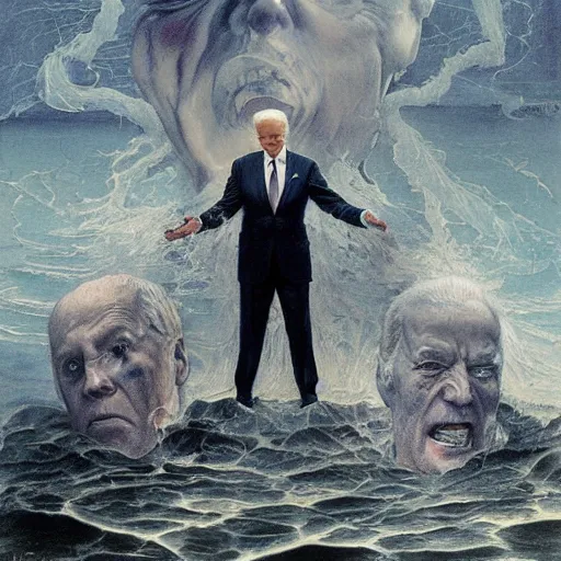 Image similar to terrifying, surreal portrait of joe biden standing up to his shoulders in turbulent, shadowy water by j. c. leyendecker, bosch, william blake, stephen gammell, jon mcnaughton, and beksinski