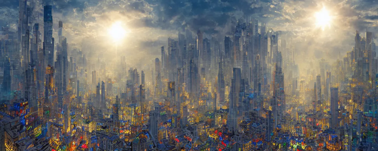 Image similar to a city made entirely out of Rubik\'s cubes, daylight, sunlight, lens flare, highly detailed, digital painting, artstation, concept art, smooth, sharp focus, 8k, photorealistic, 25mm f/1.7 ASPH Lens, ultra realistic steampunk illustration, art by greg rutkowski and alphonse mucha