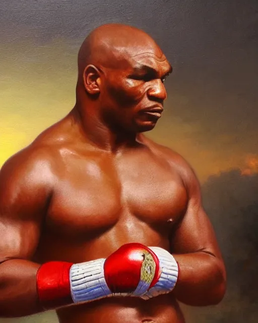 Prompt: beautiful glorious realistic oil painting of mike tyson, bokeh, baroque style by bouguereau, sunset, highly detailed, 8 k intricate