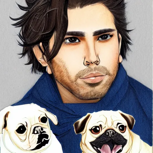 Prompt: self portrait, young white hispanic handsome man with short light brown hair and light skin and a 5 o clock shadow, holding a pug for a picture, pencil art, added detail, high definiton, colored, backfacing, illustrated by yoji shinkawa