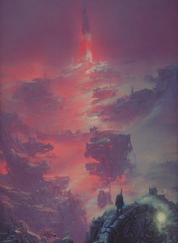 Prompt: the blind liberty of the few, red and purple palette, volume light, fog, by hiroshi yoshida by ( h. r. giger ) and paul lehr