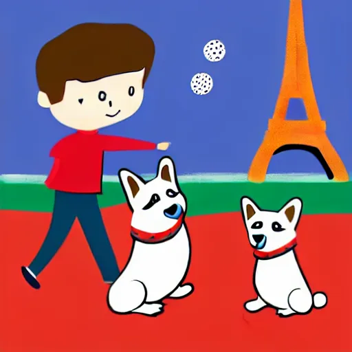 Image similar to illustration of boy playing football with a corgi wearing a polkadot scarf on the streets of paris