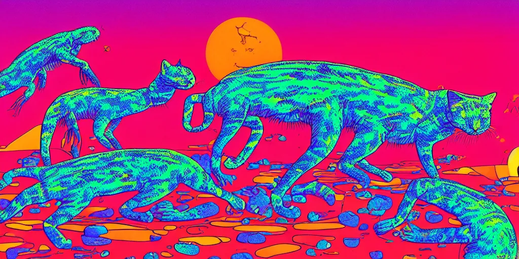 Prompt: risograph of electric cats that fly over ice, a lot of tv screens around, shrimps are all over the ground, acid and dreaming psychedelic hallucinations, by moebius, colorful surreal design, hd, 8 k, artstation