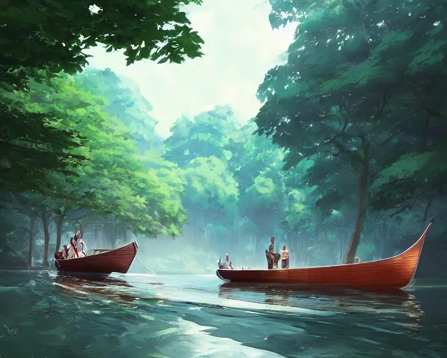 Prompt: a wooden boat with people on it in a very narrow river, trees, shady, ripples, reflections. By Makoto Shinkai, Stanley Artgerm Lau, WLOP, Rossdraws, James Jean, Andrei Riabovitchev, Marc Simonetti, krenz cushart, Sakimichan, trending on ArtStation, digital art.