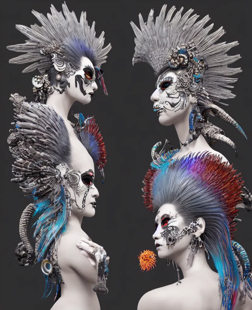 Image similar to 3 d goddess close - up profile portrait punk with mohawk with ram skull. beautiful intricately detailed japanese crow kitsune mask and clasical japanese kimono. betta fish, jellyfish phoenix, bio luminescent, plasma, ice, water, wind, creature, artwork by tooth wu and wlop and beeple and greg rutkowski