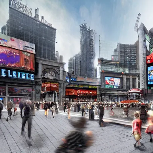 Image similar to 3D Digital matte painting of Yonge-Dundas Square in Toronto, Canada; with eldritch creatures, gnostic designs, arcane imagery, and esoteric aesthetics.