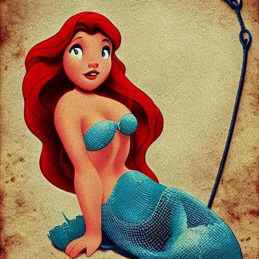 Image similar to disney poster of the little mermaid trapped in a fishing net, distressed look, 4 k, artstation