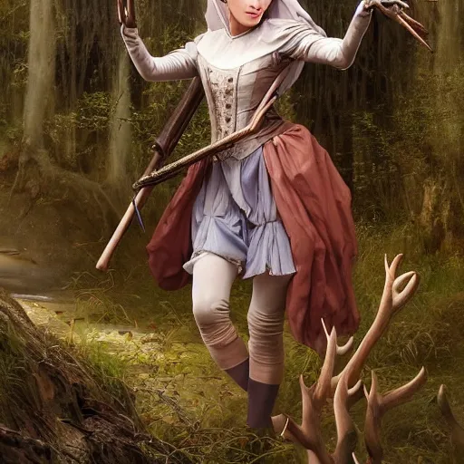 Image similar to A masterpiece portrait of a Incredibly beautiful queer maid barique renaissance swamp nun girl hunting on deer with russian greyhound medium shot, intricate, elegant, highly detailed. trending on artstation, digital art, by Stanley Artgerm Lau, WLOP, Rossdraws, James Jean, Andrei Riabovitchev, Marc Simonetti, Yoshitaka Amano. background by James Jean and Gustav Klimt, light by Julie Bell, 4k, porcelain skin. Studio Ghibli