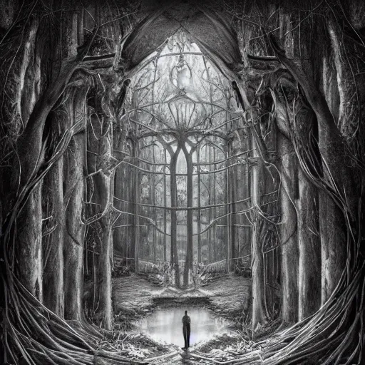 Image similar to mystical baroque castle in haunted swamp surrounded by dense forest with vines, creepy ambiance, desaturated, highly detailed, sharp focus, brutalist architecture, by artgerm, cgsociety