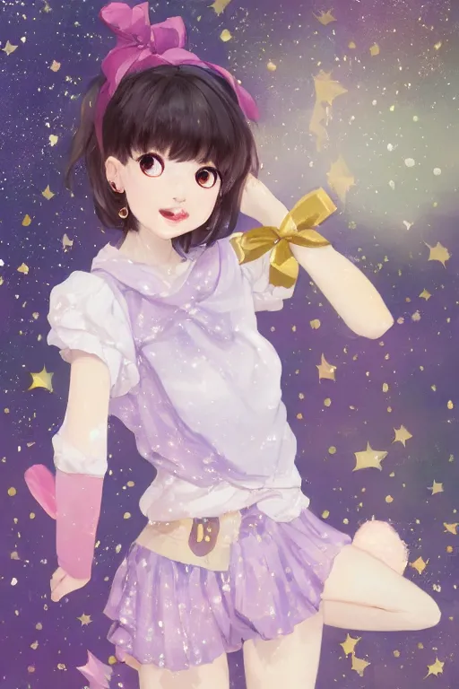 Image similar to Full View portrait of Eunha from Viviz and gFriend with short hair wearin purple overall shorts, short puffy pants, white tights covered in stars, Golden Ribbon, and a billowy scarf making a cute pose. masterpiece 4k digital illustration by Ruan Jia and Mandy Jurgens and Artgerm and greg rutkowski and Alexander Tsaruk and WLOP, award winning, Artstation, art nouveau aesthetic, Alphonse Mucha background, intricate details, realistic, panoramic view, Hyperdetailed, 8k resolution, intricate art nouveau