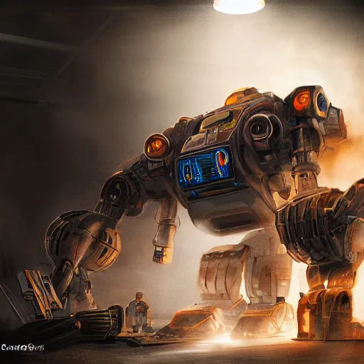 Image similar to head of toaster oven mecha, dark messy smoke - filled cluttered workshop, dark, dramatic lighting, orange tint, cinematic, highly detailed, sci - fi, futuristic, movie still