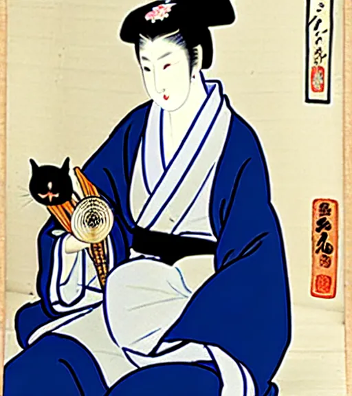 Image similar to madonna the singer in a beautiful kimono holding in her hand a fan, sitting on the floor next to a black and white playing cat, in the background a folding screen with blue irises and a window with bamboo. in the style of bijin - ga.