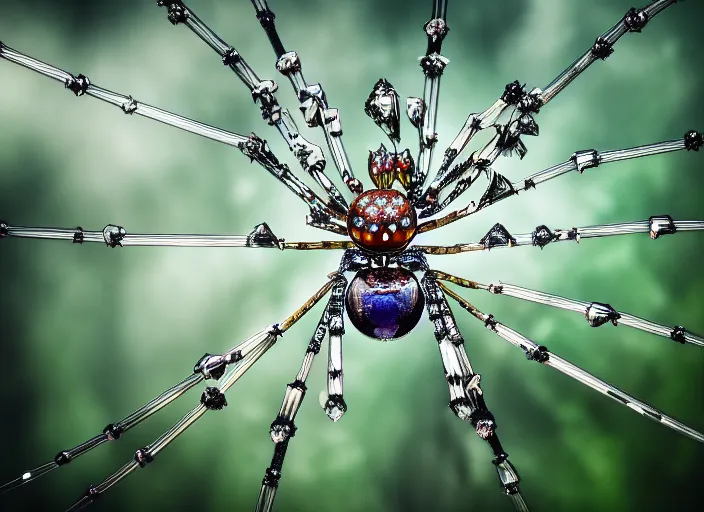 Prompt: photo of a crystal of a crystal mechanical spider in the forest. Fantasy magic style. Highly detailed 8k. Intricate. Nikon d850 55mm. Award winning photography.