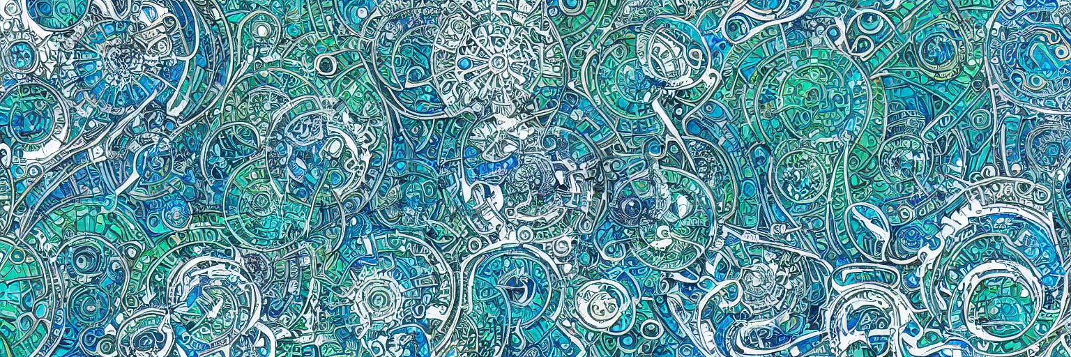 Image similar to shades of blue and green forming art nouveau explosions, white lining, vivid colors, intricate, ornate, circuitry, gears, sparkle, extremely hyperdetailed line art, sharp focus