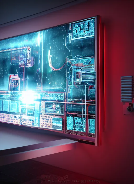 Prompt: photorealism of monitor on the wall of a room of a spacecraft with user interface display, red tones, biomechanical, ads concert rock, high resolution, hyper realistic sci fi realistic, octane render, hyper realistic, ambient red lighting, blade runner film style, canon eos ef 5 0 mm.