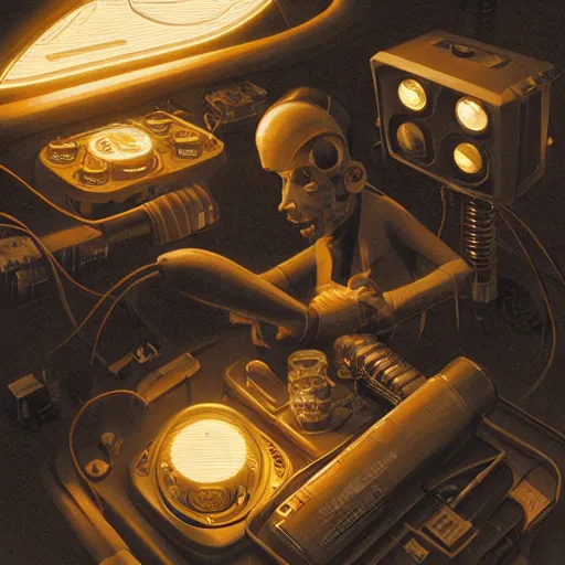 Prompt: detailed face of a synthetic being being powered on and nixie tube eyes warming up, warm space, cool skydome, fresh atmosphere, pj crook, syd mead, livia prima, artgerm, greg rutkowski, nick alm, casey baugh