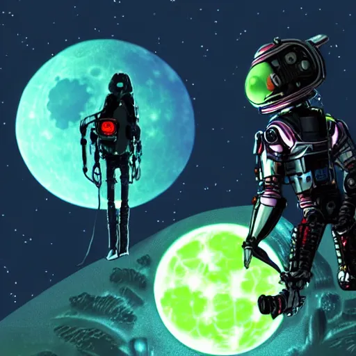 Prompt: Photo of a cyborg and his robo-dog sitting on the ground facing back on a far away planet at night looking at the galaxy to see a giant green moon