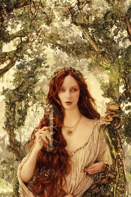 Image similar to An extremely beautiful pre-raphaelite ornate portrait of a very beautiful witch, ultradetailed, intricate, elegant, digital art painting, concept art, smooth, sharp focus, magazine art cover illustration, regal, award winning picture, extremely detailed masterpiece, sense of awe, featured on Artstation, Artgerm, ethereal bubbles, Aetherpunk, atmospheric lightning, Exquisite floral details, 8K detail post-processing