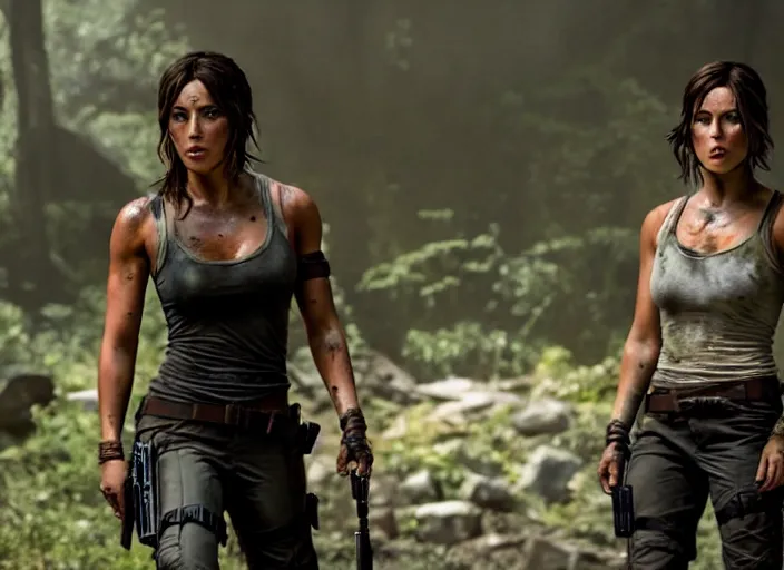 Image similar to film still of!!!! chloe bennett!!! as lara croft in new tomb raider movie, 8 k