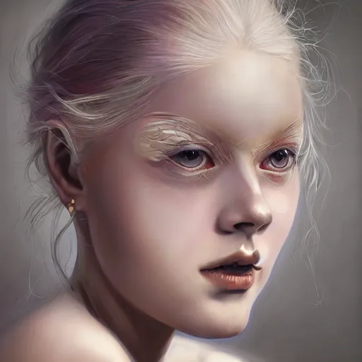 Image similar to A masterpiece portrait of a A model-looking albino girl with large piercings. Greek nose. Goddess of life and love trending on artstation, digital art, by Stanley Artgerm Lau, WLOP, Rossdraws, James Jean, Andrei Riabovitchev, Marc Simonetti, Yoshitaka Amano