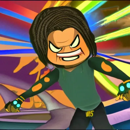 Image similar to character screenshot of ufc sean o'malley in psychonauts, rainbow hair dreadlocks, ps 3 video game, dream world, 7 2 0 p, cutscene, cartoony designed by scott campbell