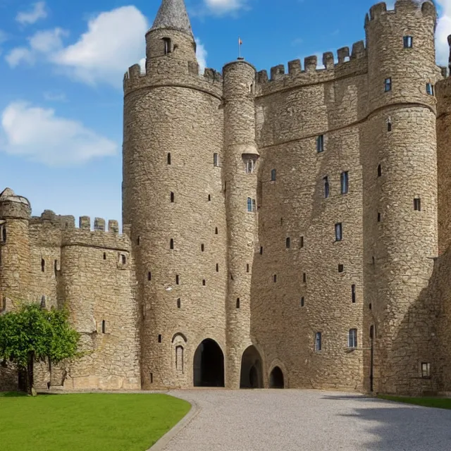 Prompt: hyper realistic photo, looking close up at a well maintained castle from the front gate courtyard on a sunny day