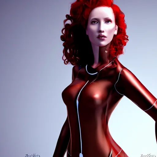 Image similar to gorgeous redhead gynoid posing, photorealistic, highly detailed,