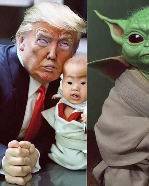 Prompt: Donald Trump as Ogami Ittō in Lone Wolf and Cub and Baby Yoda as Daigorō, photorealistic, Cinematic, Japanese