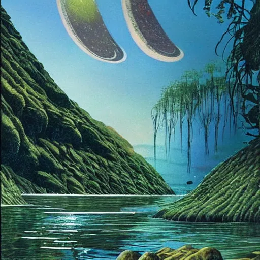 Prompt: beautiful illustration of a lush natural scene on an alien planet by vincent di fate. science fiction. extremely detailed. beautiful landscape. weird vegetation. cliffs and water.