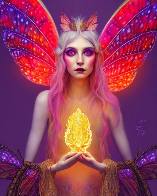 Image similar to portrait, stunningly beautiful female faerie priestess in amanita muscaria forest landscape, symmetrical wings on back, neon hair, wearing a dress of gossamer gold, inner glow, illustration, dramatic lighting, soft details, painting, art nouveau, octane render, 8 k, hd, by brom, faces by otto schmidt