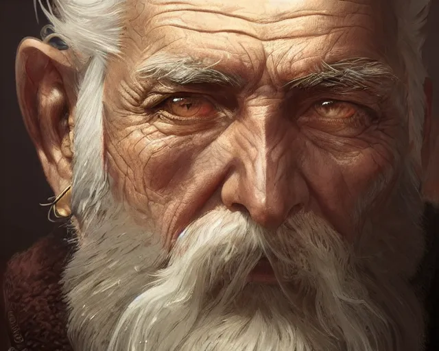 Image similar to close up highly detailed old man face, deep focus, d & d, fantasy, intricate, elegant, highly detailed, digital painting, artstation, concept art, matte, sharp focus, illustration, hearthstone, art by artgerm and greg rutkowski and alphonse mucha