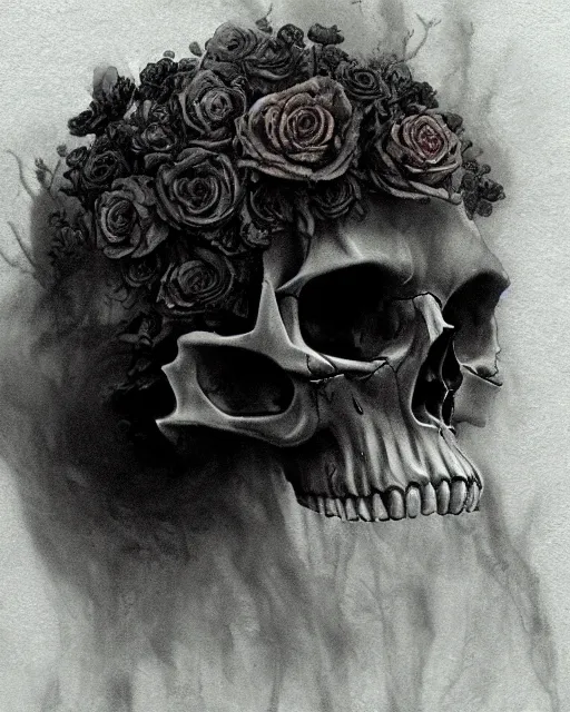 Image similar to skull surrounded by black roses, fog, cinematic shot, denis villeneuve movie still, wayne barlowe concept art, detailed, very coherent, vintage, masterpiece by emil melmoth