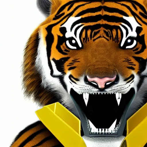 Image similar to a humanoid tiger in futuristic body armor and grey fur, highly detailed, yellow eyes, teeth that protrude past their lower jaw holding a plasma rifle