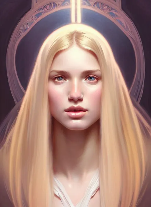 Image similar to perfectly feminine face!! portrait of young wife blessed by god with ever - increasing physical mental perfection, blonde, symmetrical! intricate, sensual features, highly detailed, biblical divine holy perfection!! digital painting, artstation, concept art, smooth, sharp focus, illustration, art by artgerm and greg rutkowski and alphonse mucha