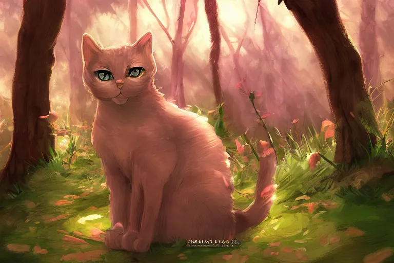 Image similar to cat in the forest, warm backlighting, digital art, trending on artstation, fanart, by kawacy