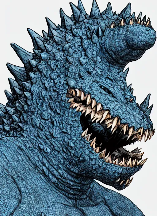 Prompt: close up portrait of a fat blue godzilla wearing a dog collar, powerful, domineering, stoic, intense, ultrafine hyperdetailed illustration by kim jung gi, irakli nadar, intricate linework, sharp focus, octopath traveler, yoji shinkawa, highly rendered, detailed, concept art