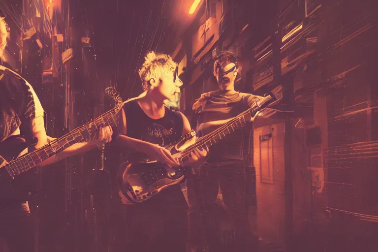 Image similar to found footage of a band in the year 3 0 0 0 s finding a new note, in liminal space, cyberpunk, film grain, dark lighting, realistic, photgraph, silent hill style, detailed cinematic lighting