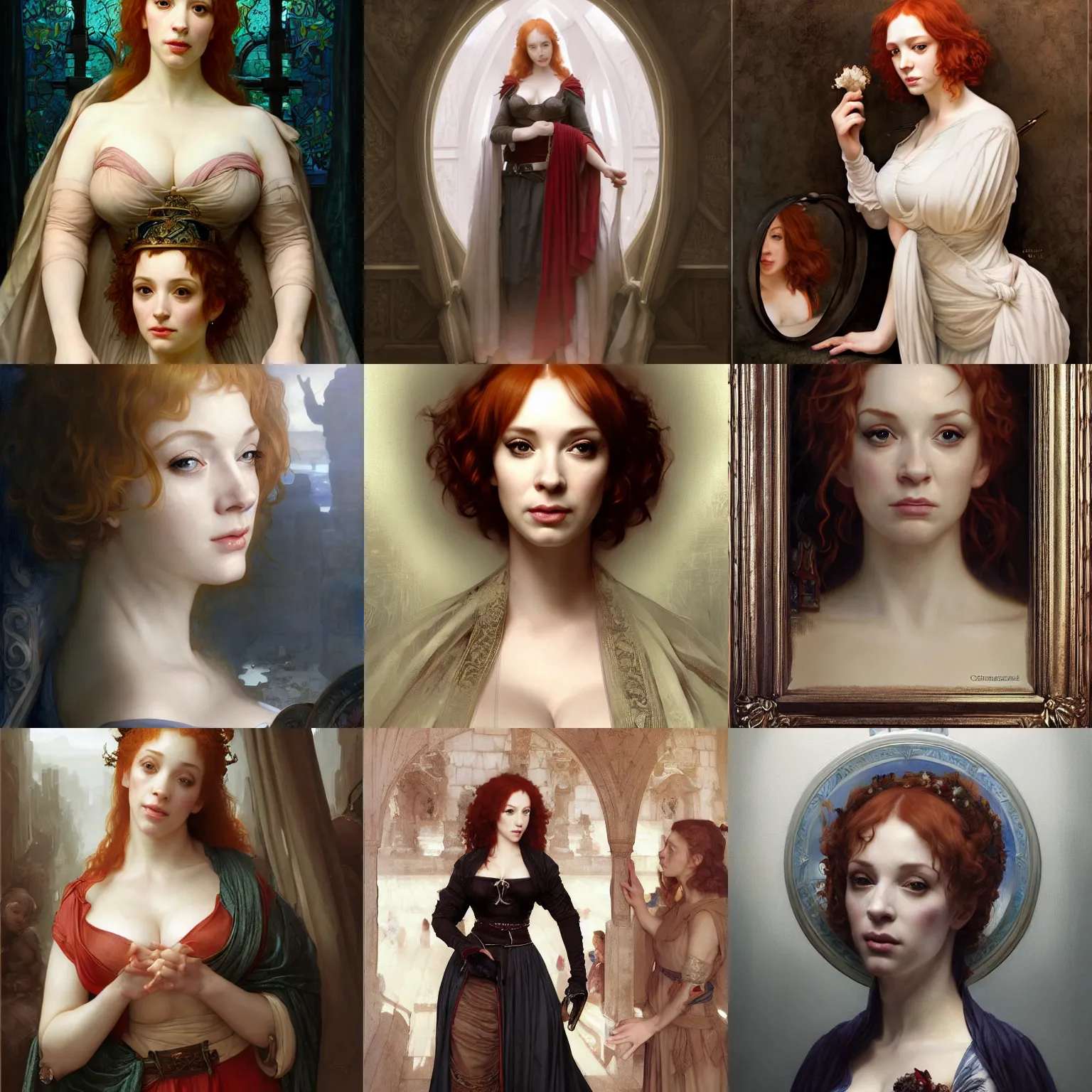 Prompt: surprised medieval christina hendricks confused looking in mirror looking at reflection touching her dress touching her waist, defined facial features, symmetrical facial features. by ruan jia and artgerm and range murata and krenz cushart and william adolphe bouguereau, key art, fantasy illustration, award winning, intricate detail realism hdr