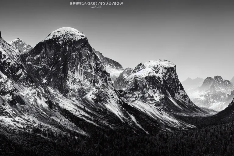 Image similar to tyrannosaurus inside a valley, snowy peaks, in the style of ansel adams, black and white, old, master photography