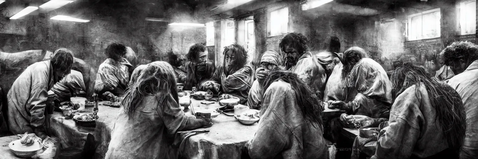 Prompt: Award Winning Editorial wide-angle picture of a Tramps in a Soup Kitchen by David Bailey and Lee Jeffries, called 'The Last Supper', 85mm ND 5, perfect lighting, gelatin silver process